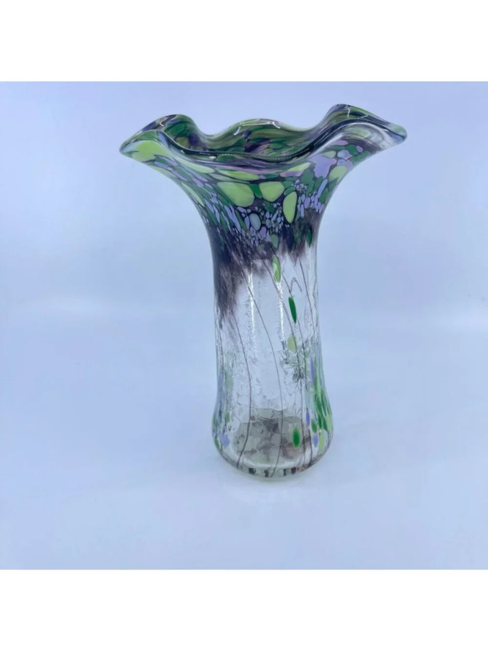 vintage handblown art glass vase with ruffled edge & green purple floral pattern